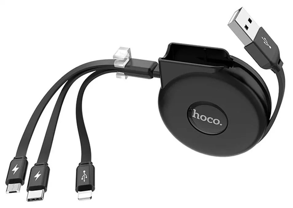 Кабель USB Hoco U50 Retractable 3in1 Lightning + micro USB + USB Type-C Cable Black - фото 2
