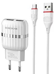 Сетевое зарядное устройство Borofone BA24A Vigour 2.1a 2xUSB-A ports charger + micro USB cable white - фото Сетевое зарядное устройство Borofone BA24A Vigour 2.1a 2xUSB-A ports charger + micro USB cable white