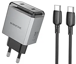 Сетевое зарядное устройство Borofone BN21 40w GaN PD 2XUSB-C ports charger + USB-C to USB-C cable black - фото Сетевое зарядное устройство Borofone BN21 40w GaN PD 2XUSB-C ports charger + USB-C to USB-C cable black