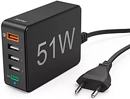 Сетевое зарядное устройство Hama 51W PD/QC 4USB-A/USB-C ports home charger black (00201630)