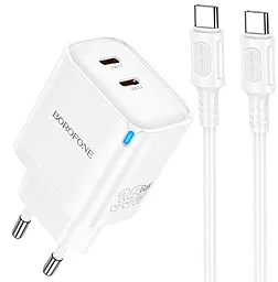 Мережевий зарядний пристрій Borofone BA85A 35w GaN PD 2xUSB-C ports charger + USB-C to USB-C cable white - фото Мережевий зарядний пристрій Borofone BA85A 35w GaN PD 2xUSB-C ports charger + USB-C to USB-C cable white