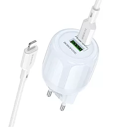Сетевое зарядное устройство Borofone BA93A 20w PD/QC USB-C/USB-A ports fast charger + USB-C to Loghtning cable blue - фото Сетевое зарядное устройство Borofone BA93A 20w PD/QC USB-C/USB-A ports fast charger + USB-C to Loghtning cable blue