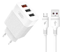 Мережевий зарядний пристрій XO L72 18w QC3.0 3xUSB-A ports charger + micro USB cable white - фото Мережевий зарядний пристрій XO L72 18w QC3.0 3xUSB-A ports charger + micro USB cable white