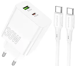 Сетевое зарядное устройство Borofone BA75A Powerful 30w PD USB-C/USB-A ports charger + USB-C to USB-C cable white