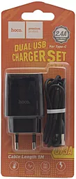 Сетевое зарядное устройство Hoco C73A 2.4a 2xUSB-A ports charger + USB-C cable black - миниатюра 3
