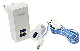 Сетевое, Автомобильное зарядное устройство LDNio S100 2.1a ports car/2.1a 2xUSB-A ports charger + micro USB cable white