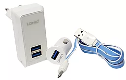 Мережевий та автомобільний зарядні пристрої LDNio S100 2.1a ports car/2.1a 2xUSB-A ports charger + micro USB cable white - фото Мережевий та автомобільний зарядні пристрої LDNio S100 2.1a ports car/2.1a 2xUSB-A ports charger + micro USB cable white