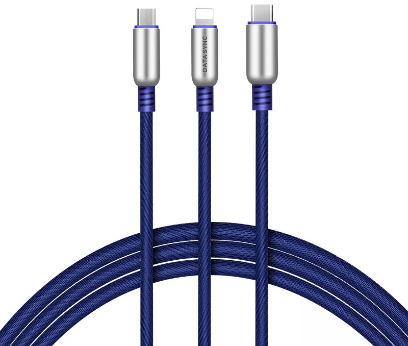 Универсальный кабель Hoco U17 Combo 3-in-1 USB-A to Type-C/Lightning/micro USB 12w 2.4a 1.5м сable Blue - фото 1