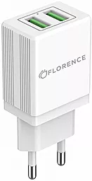 Мережевий зарядний пристрій Florence 2a 2xUSB-A ports charger white (FL-1021-W)