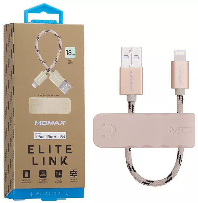 Кабель Momax Elit Link USB-A - Lightning 12w 2.4a 0.18м cable Gold (DL5AL) - фото 6