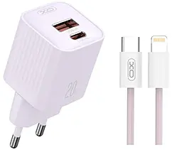 Мережевий зарядний пристрій XO L147 20w PD USB-C/USB-A ports charger + USB-C to Lightning cable purple - фото Мережевий зарядний пристрій XO L147 20w PD USB-C/USB-A ports charger + USB-C to Lightning cable purple