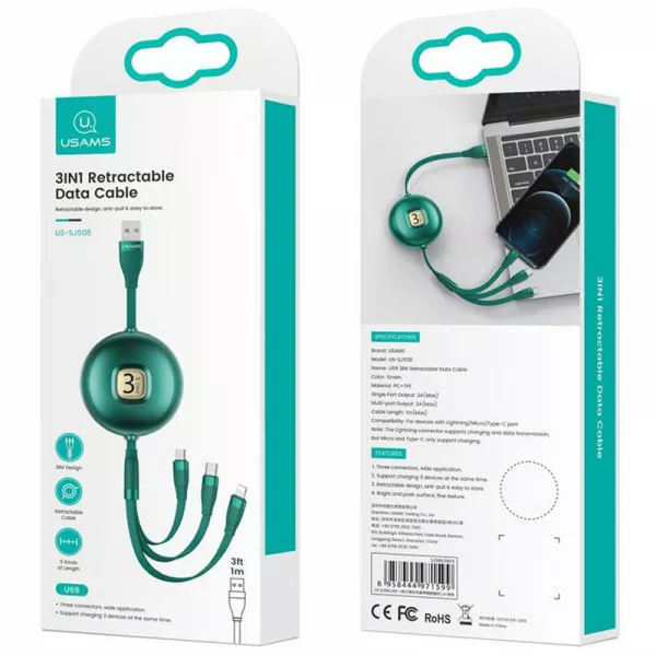 Універсальний кабель Usams U69 Retractable 3-in-1 USB-A to Type-C/Lightning/micro USB 10w 1м сable Green - фото 4