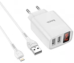 Сетевое зарядное устройство Hoco C86A 2.4a 2xUSB-A ports charger + Lightning cable white - фото Сетевое зарядное устройство Hoco C86A 2.4a 2xUSB-A ports charger + Lightning cable white