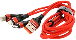 Универсальный кабель iKaku KSC-296 3-in-1 USB-A to Type-C/Lightning/micro USB 12w 2.4a 1м сable Red - фото Универсальный кабель iKaku KSC-296 3-in-1 USB-A to Type-C/Lightning/micro USB 12w 2.4a 1м сable Red
