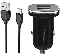 Автомобильное зарядное устройство Borofone BZ12 Lasting Power 2.4a 2xUSB-A ports car charger + USB-C cable black - фото Автомобильное зарядное устройство Borofone BZ12 Lasting Power 2.4a 2xUSB-A ports car charger + USB-C cable black
