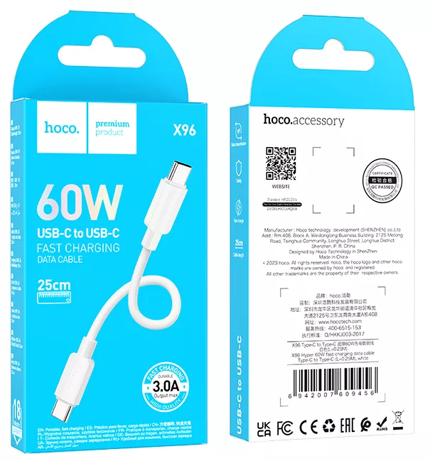 Кабель Hoco X96 Hyper USB Type-C - Type-C 60w 3a 0.25м PD cable White - фото 6