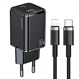 Мережевий зарядний пристрій Usams T43 GaN Mini USB-A/USB-C PD&QC3 33W 3A + Type-C - Lightning Cable Black