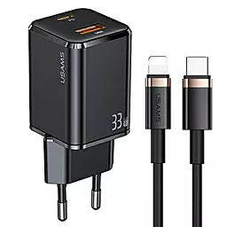 Сетевое зарядное устройство Usams T43 Mini GaN 33w PD USB-C/USB-A ports charger + USB-C to Lightning cable black (US-CC144) - фото Сетевое зарядное устройство Usams T43 Mini GaN 33w PD USB-C/USB-A ports charger + USB-C to Lightning cable black (US-CC144)