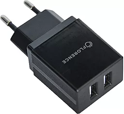 Сетевое зарядное устройство Florence 2.1a 2xUSB-A ports charger black (FL-1021-K)