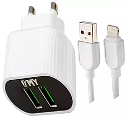 Сетевое зарядное устройство EMY MY-A202 2.4a 2xUSB-A ports charger + Lightning cable white (MY-A202-LW) - фото Сетевое зарядное устройство EMY MY-A202 2.4a 2xUSB-A ports charger + Lightning cable white (MY-A202-LW)