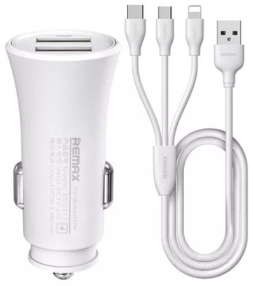 Автомобільний зарядний пристрій Remax RCC-217 2.4a 2xUSB-A ports car charger + 3-in-1 USB-A to USB-C/micro USB/Lightning cable white (RCC-217) - фото 1