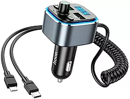 Автомобильное зарядное устройство с FM-модулятором Hoco E74 18W 3A QC3.0 2xUSB-A+Lightning + USB-C Cable Metal Gray