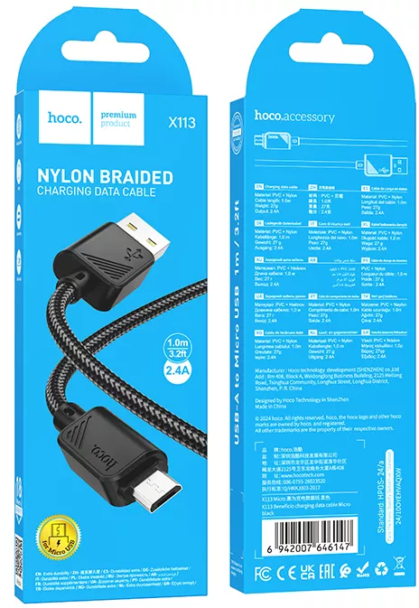 Кабель Hoco X113 USB-A - micro USB 12w 2.4a 1м cable Black - фото 4