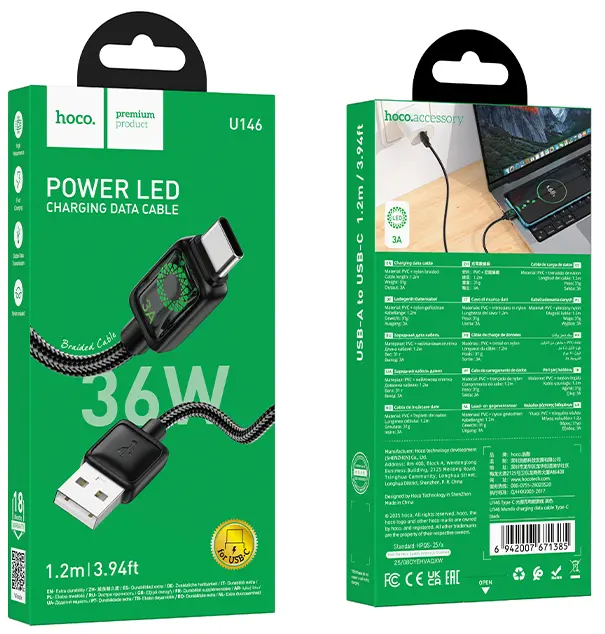 Кабель Hoco U146 USB-A - Type-C 15w 3a 1.2м cable Black - фото 7