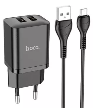Мережевий зарядний пристрій Hoco N25 2.1a 2xUSB-A ports charger + mirco USB cable black - фото 1