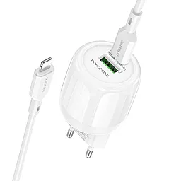 Мережевий зарядний пристрій Borofone BA93A 20w PD/QC USB-C/USB-A ports fast charger + USB-C to Loghtning cable white - фото Мережевий зарядний пристрій Borofone BA93A 20w PD/QC USB-C/USB-A ports fast charger + USB-C to Loghtning cable white