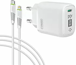 Мережевий зарядний пристрій з швидкою зарядкою Intaleo USB-C PD/QC 20w USB-C + USB-C/lightning cable white (TCGQPD120L)
