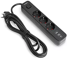 Мережевий фільтр (подовжувач) Videx ONCORD 4000w 16a 3м 3 розетки 2xUSB-A/USB-C з вимикачем чорний (VF-PD33G2U1C-B)