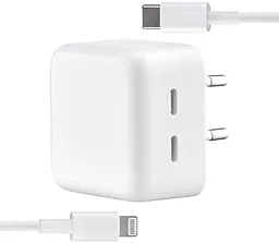 Сетевое зарядное устройство с быстрой зарядкой Apple 35W Dual USB-C Port Power Adapter + USB-C to Lightning cable HQ Copy white