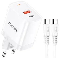 Мережевий зарядний пристрій Jokade JB082 30w PD USB-C/USB-A ports charger + USB-C to USB-C cable white - фото Мережевий зарядний пристрій Jokade JB082 30w PD USB-C/USB-A ports charger + USB-C to USB-C cable white