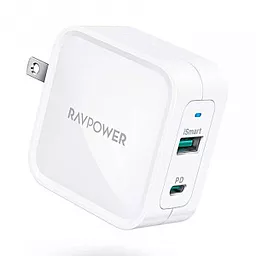 Сетевое зарядное устройство с быстрой зарядкой RavPower 65w PD USB-C/USB-A ports home charger White (RP-PC133WH) - фото Сетевое зарядное устройство с быстрой зарядкой RavPower 65w PD USB-C/USB-A ports home charger White (RP-PC133WH)