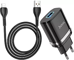 Мережевий зарядний пристрій Hoco N1 Ardent 2.4a home charger + Lightning cable black - фото Мережевий зарядний пристрій Hoco N1 Ardent 2.4a home charger + Lightning cable black