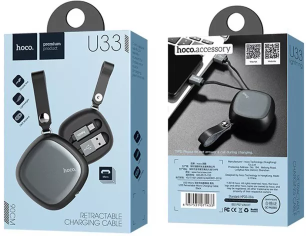 Кабель Hoco U33 Retractable Cord Reel USB-A - micro USB 12w 2.4a 0.29м cable Black - фото 7