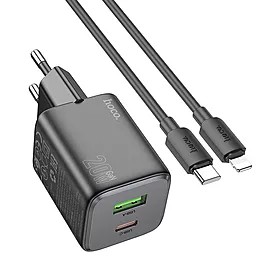 Сетевое зарядное устройство Hoco N41 20w PD USB-C/USB-A ports charger + USB-C to Lightning cable black - фото Сетевое зарядное устройство Hoco N41 20w PD USB-C/USB-A ports charger + USB-C to Lightning cable black