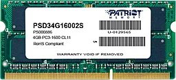 Оперативна пам'ять для ноутбука Patriot SoDIMM DDR3 4GB 1600 MHz (PSD34G16002S)