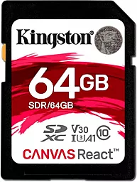 Карта памяти Kingston SDXC 64GB Canvas React Class 10 UHS-I U3 V30 A1 (SDR/64GB)