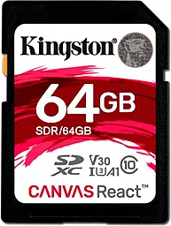 Карта пам'яті Kingston SDXC 64GB Canvas React Class 10 UHS-I U3 V30 A1 (SDR/64GB) - фото Карта пам'яті Kingston SDXC 64GB Canvas React Class 10 UHS-I U3 V30 A1 (SDR/64GB)