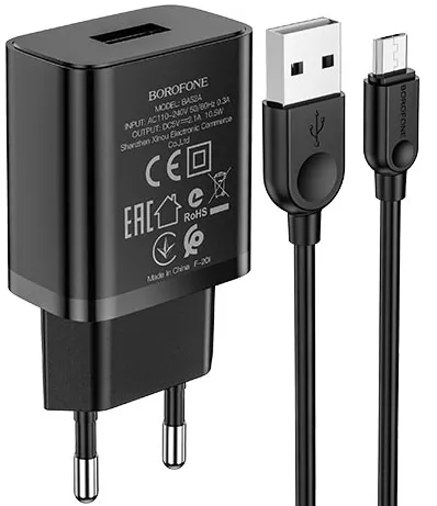 Сетевое зарядное устройство Borofone BA52A Gamble 2.1a home charger + micro USB cable black - фото 1