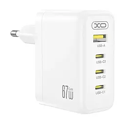 Сетевое зарядное устройство XO CE39 67w GaN PD/QC3.0 3xUSB-C/USB-A ports fast charger White - фото Сетевое зарядное устройство XO CE39 67w GaN PD/QC3.0 3xUSB-C/USB-A ports fast charger White