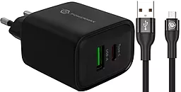 Сетевое зарядное устройство Powermax Eclipse 30w PD USB-C/USB-A ports charger + micro USB cable black - фото Сетевое зарядное устройство Powermax Eclipse 30w PD USB-C/USB-A ports charger + micro USB cable black