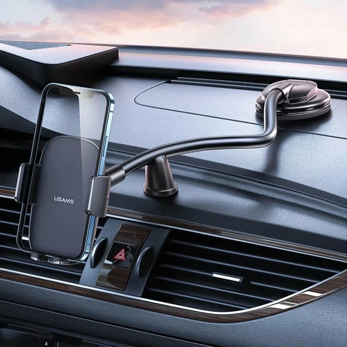 Тримач Usams US-ZJ065 Car Center Console Retractable Phone Holder(Adjustable Gooseneck) Black - фото 2