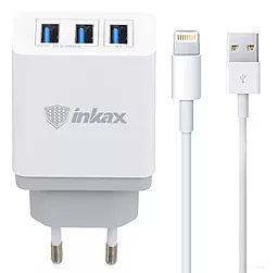 Мережевий зарядний пристрій Inkax 3 USB 3.1A + Lightning cable White (CD-26)