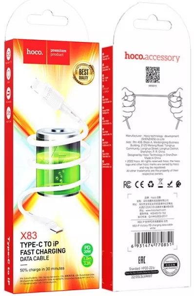Кабель Hoco X83 Victory USB Type-C - Lightning 20w 3a 1м PD сable White - фото 3