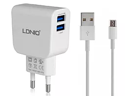 Мережевий зарядний пристрій LDNio 2USB 2.1A + Micro USB Cable White (DL-AC56)