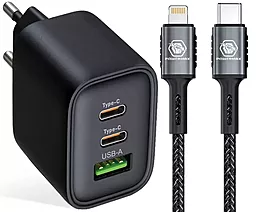 Мережевий зарядний пристрій Powermax Eclipse 65w GaN PD 2xUSB-C/USB-A ports charger + USB-C to Lightning 27w cable black - фото Мережевий зарядний пристрій Powermax Eclipse 65w GaN PD 2xUSB-C/USB-A ports charger + USB-C to Lightning 27w cable black