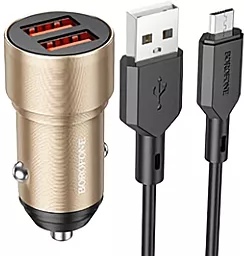 Автомобильное зарядное устройство Borofone BZ19 Wisdom 2.4a 2xUSB-A ports car charger + micro USB cable gold